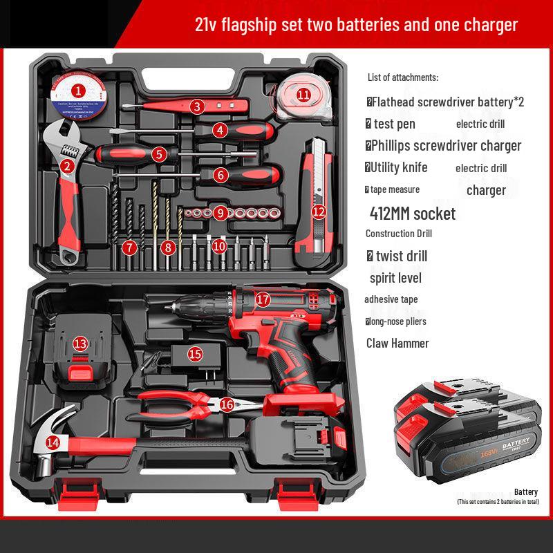 Cordless Lithium Battery Drill Hand Tool Set for Electricians & Carpenters - Multifunctional Repair Kit with Tool Box