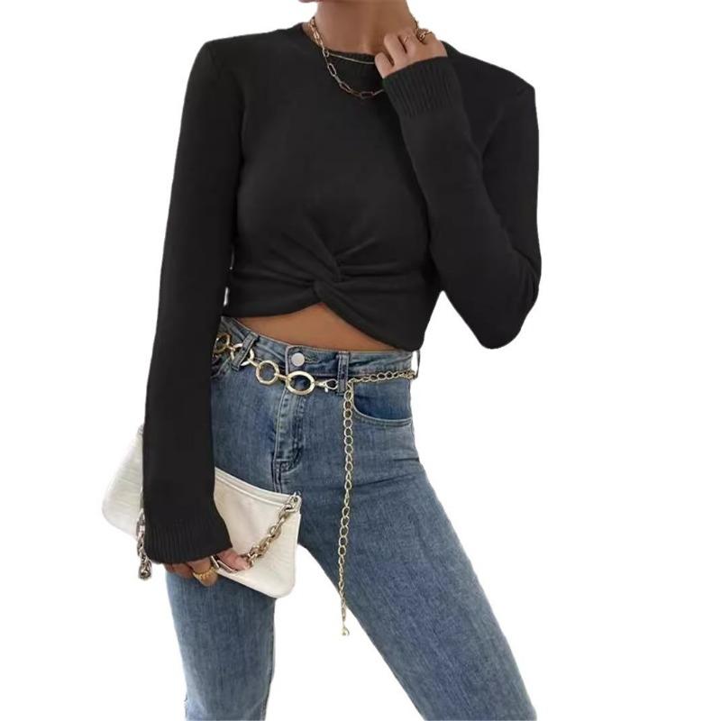 Women Slim Fit Cross Design Round Neck Long Sleeve Knit Sweater