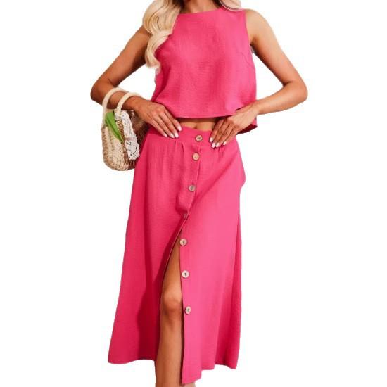 Women's Sleeveless Crop Top and Button Front Midi Skirt Set In 6 Colors