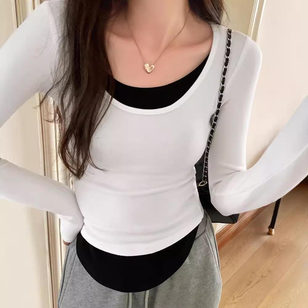 Langarm Damen Kaltes Basic Warmes Hemd Herbst Falsches Zweiteiliges T-Shirt Farbblockierendes Unterhemd Damen Dünne Rundhalsoberteile für Draußen