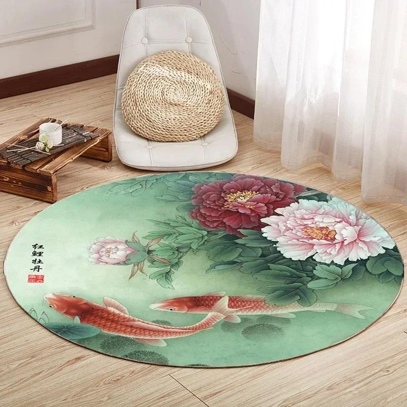 Lotus Flower Round Carpet Living Room Bedroom Yoga Mat Rugs Chinese Style Retro Non-slip Chair Mat Home Decoration Floor Mats