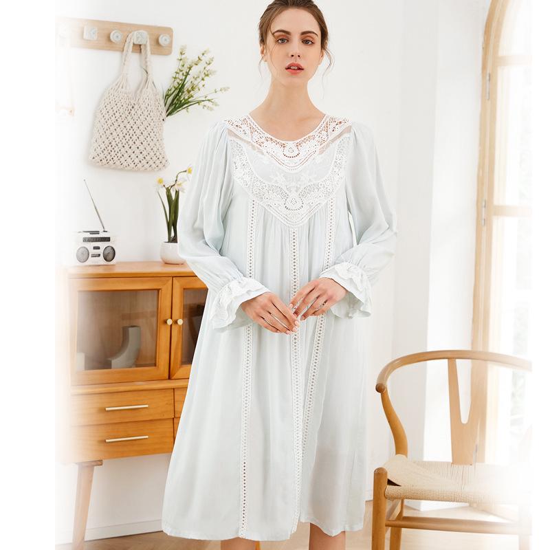 European Princess Cotton Lace Plus Size Retro Long Sleeve Nightgown - Soft Double Layer Homewear