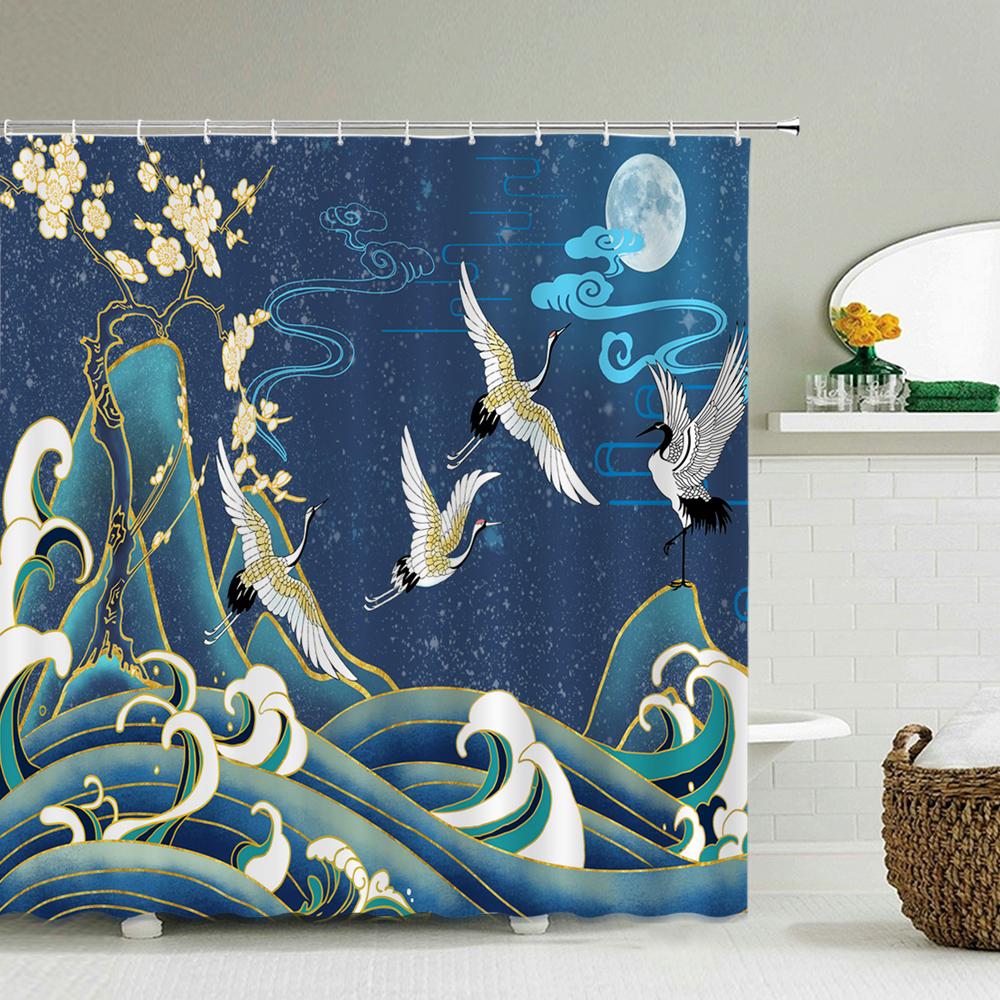 Classic Creativity Waves Spray Bath Curtain Waterproof Fabric Japanese style Shower Curtains Bathroom Bathtub Screen With Hooks