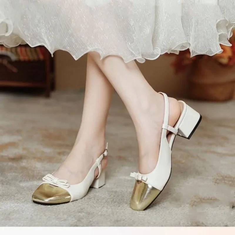 

Fashion 2024 New Summerand Autumn New Baotou Women s Sandals Square Hollow Breathable Single Breasted Bow Low Heel Shoes 35 бежевый