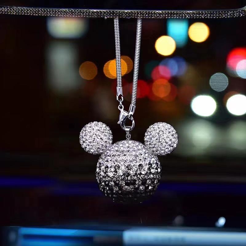 Rhinestone Crystal Ball Car Pendant Cute Cartoon Animal Bling Car Mirror Hanging Accessories Girls Women Car Interior Decoration