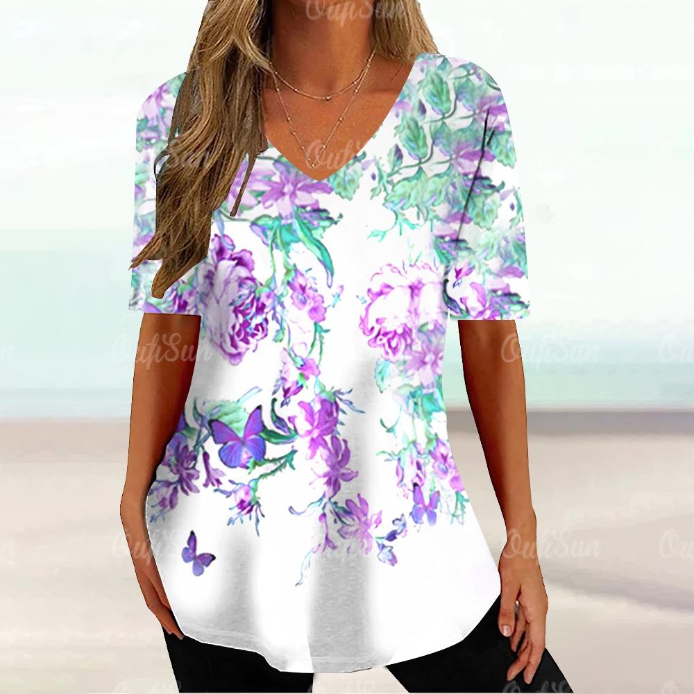 Floral Ladies V-Neck T-Shirt Summer Outdoor Fashion Short Sleeve Top 3D Printing OverSize Ladies Clothing Casual T-Shirt