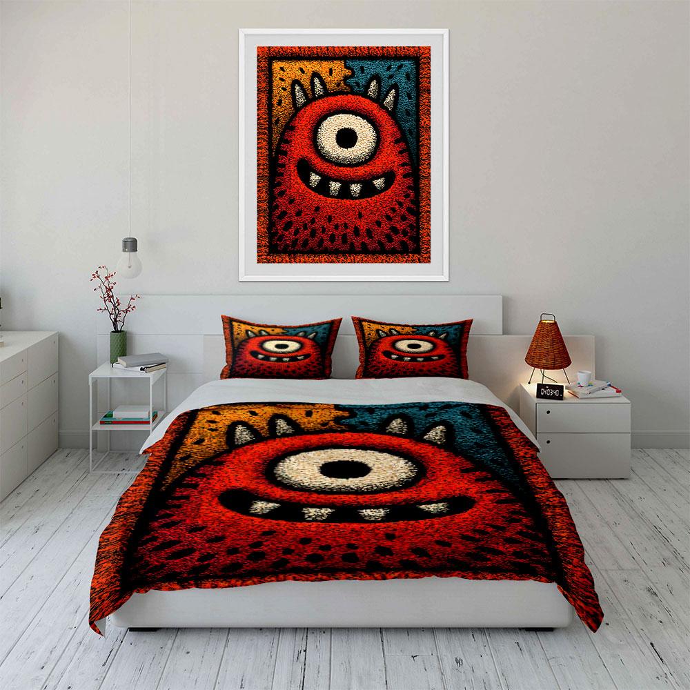 Cute Red Monster Cartoon Pattern Bedding Duvet Cover Set  (1*Duvet Cover 2*Pillowcases, without duvet insert)
