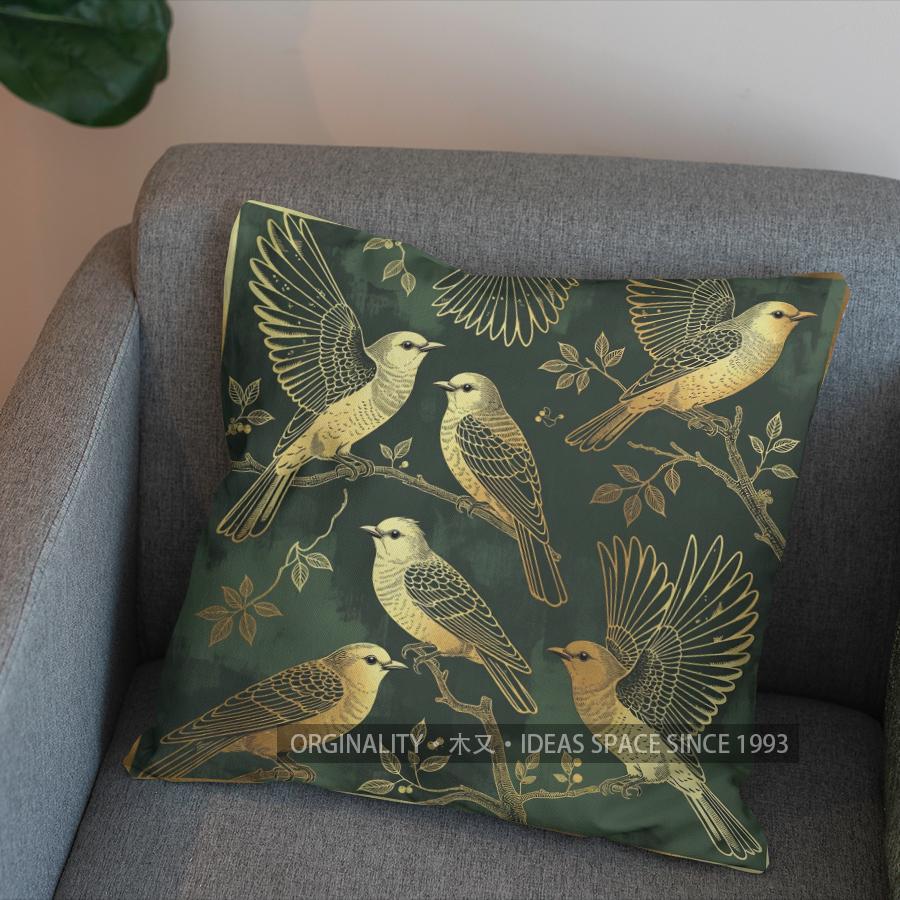 2D Elegant Green Birds On Branch Pillow Cover Pattern Cushion Cover Suitable For Sofa Bedroom Car Pillow Cover