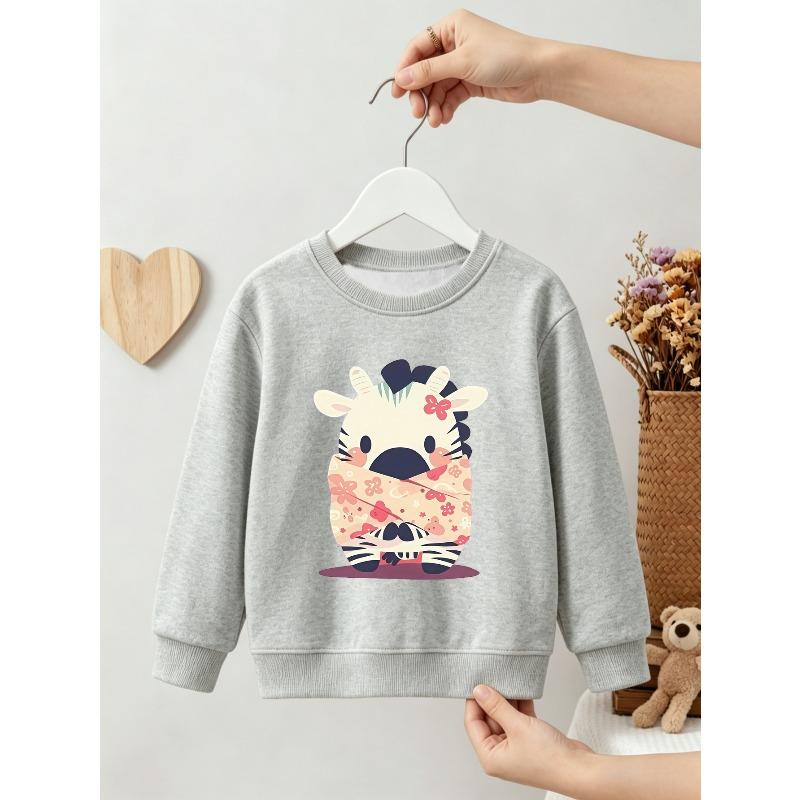 Kids Unisex Crewneck Sweatshirt, Cute Cartoon Zebra Wrapped In Floral Blanket Print Light Heather Gray Soft Fleece Pullover
