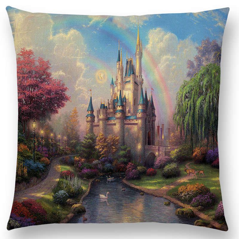Home Decor Rustic Oil Painting Cushion Cover Beautiful Landscape Castle Lighthouse Sofa Pillow  Bedroom