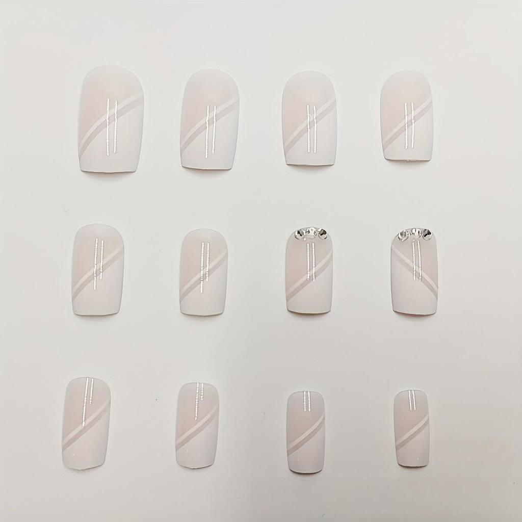 24-częściowy zestaw do nakładania paznokci Glamorous White Square Press-On Nails z błyszczącymi kryształkami, pilnikiem do paznokci Jelly Glue - średniej długości francuskie końcówki, zestaw sztucznych paznokci dla kobiet