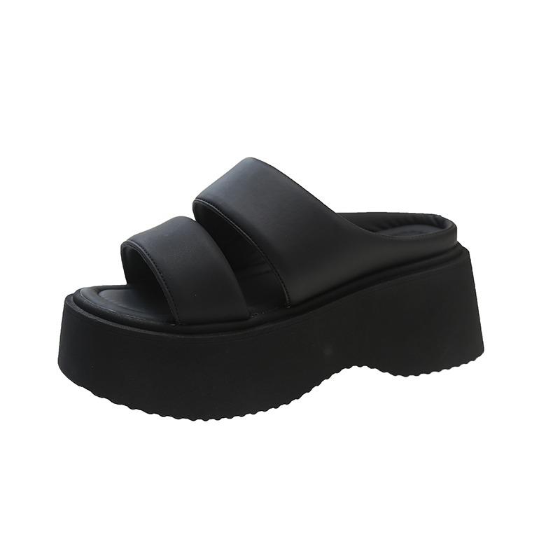 

Модная женская повседневная обувь на платформе и танкетке, 7 см, из натуральной кожи с кристаллами, модные мокасины, тапочки, женские сандалии со стразами, обувь высокого бренда 34 чёрный