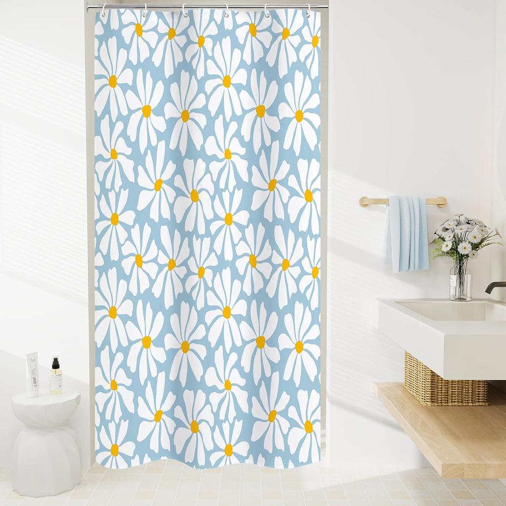 Green Daisy Floral Shower Curtain, Boho Spring Flower Shower Curtain for Girly Bathroom, Modern Minimalist White Waterproof