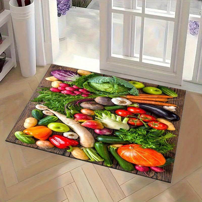 Farm Fresh Vegetable Print Area Rug,Realistic 3D Veggies on Wood Non-Slip Floor Mat Kitchen Living Room,Rustic Home Decor Carpet