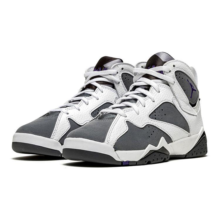 Zapatillas para Niños Air Jordan 7 Retro GS Flint 2021 Blanco Gris Pedernal Púrpura Varsity DJ2777-100