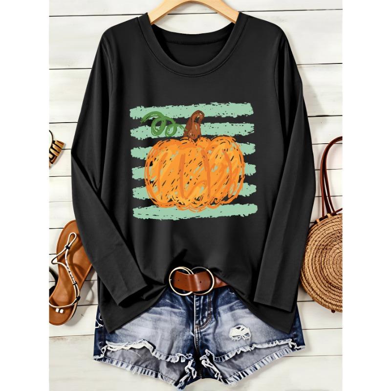 Women's hand-painted printed simple and fashionable round neck long-sleeved T-shirt