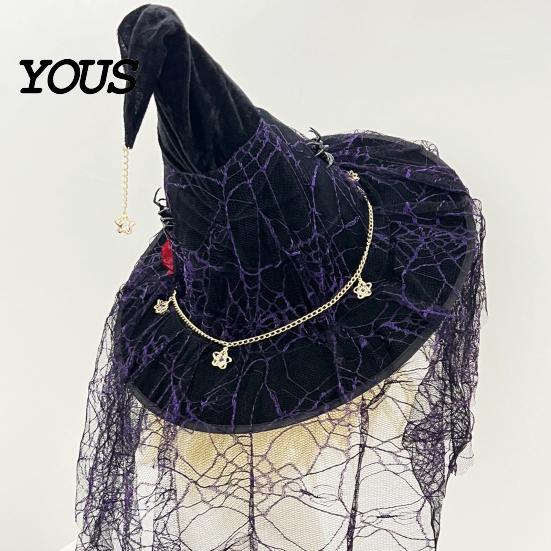 Decorative Seasonal Accessories Punk Skeleton Hand Witch Hat with Spider And Veil, Black Large Reusable Holiday Ornaments Wizard Costume Accessory for