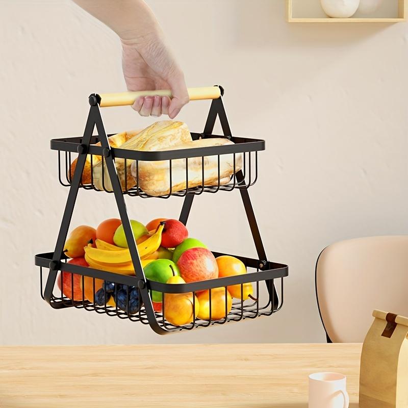 1pc 2/3 Tiers Storage Basket Countertop for Bathroom, Basket Bowl Stand Detachable Metal Wire Basket with Wooden Handle for Bathroom Storage Rack