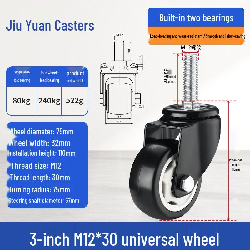 Black Heavy-Duty Swivel Casters with Brakes for Furniture, Cabinets & Industrial Use, Double Bearing Wheels
