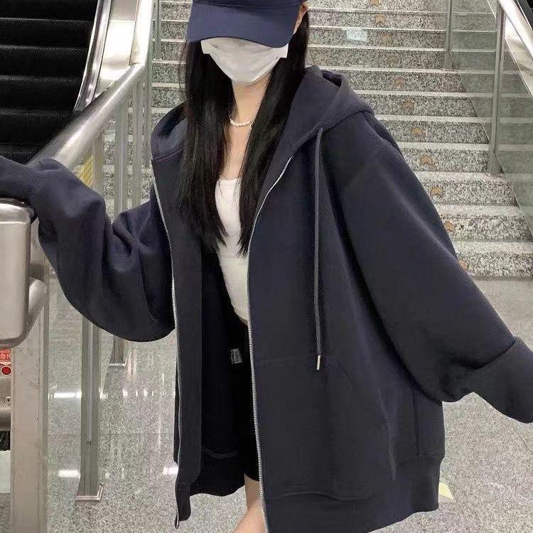 Women's Red Hooded Zip-Up Cardigan - New Year Battle Robe Style, Plus Velvet, Petite Loose Fit for Spring & Autumn