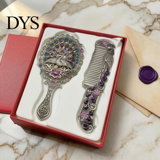 Vintage Peacock Hair Comb Mirror Set, Embossed & Handheld Rhinestone Makeup Mirror, Hand with for Women Retro Carved