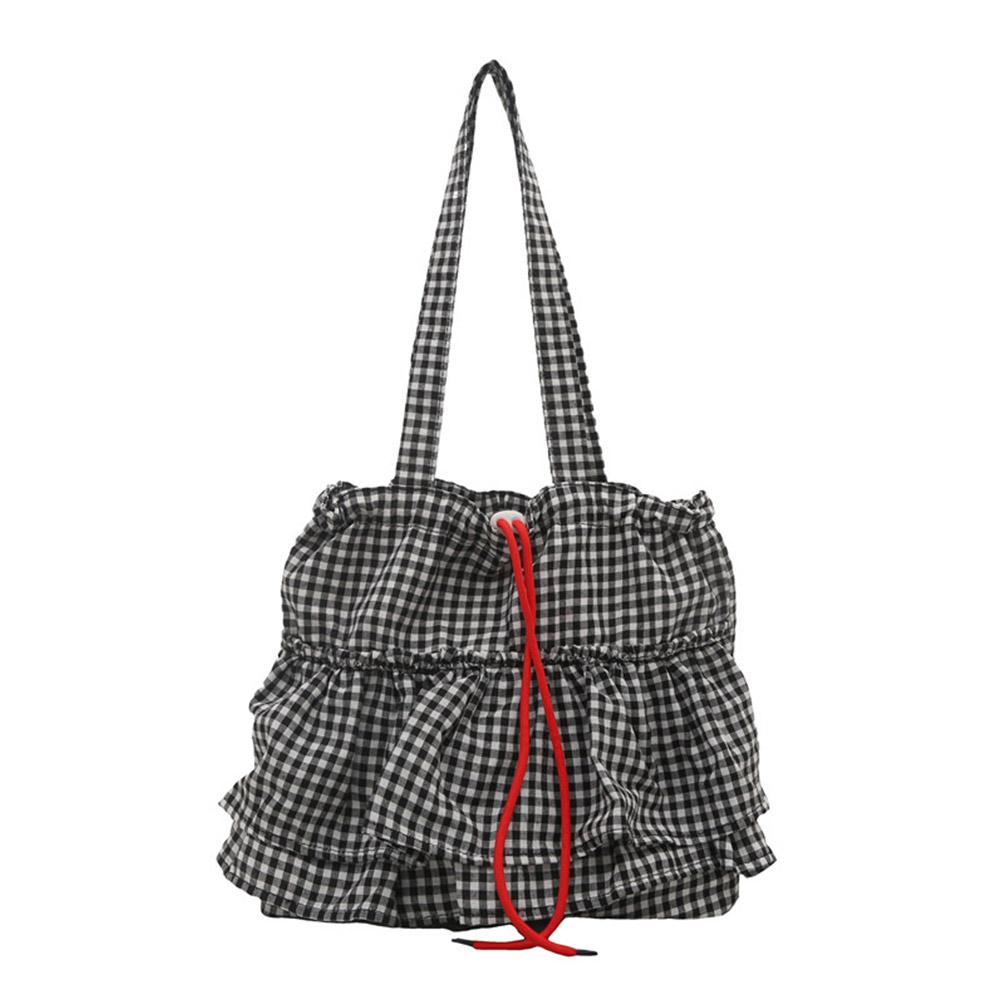 Large Capacity Shoulder Bag Fashion Ruffles Design Casual Lotus Leaf Plaid Shoulder Bag  Simple Commute Shopping Bag