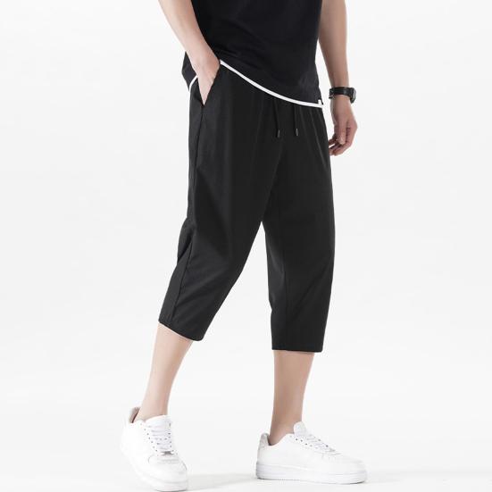 Men Cropped Pants Elastic Waistband Drawstring Quick-Drying Breathable Fit Fabric Loose Design Sports Leisure Pants