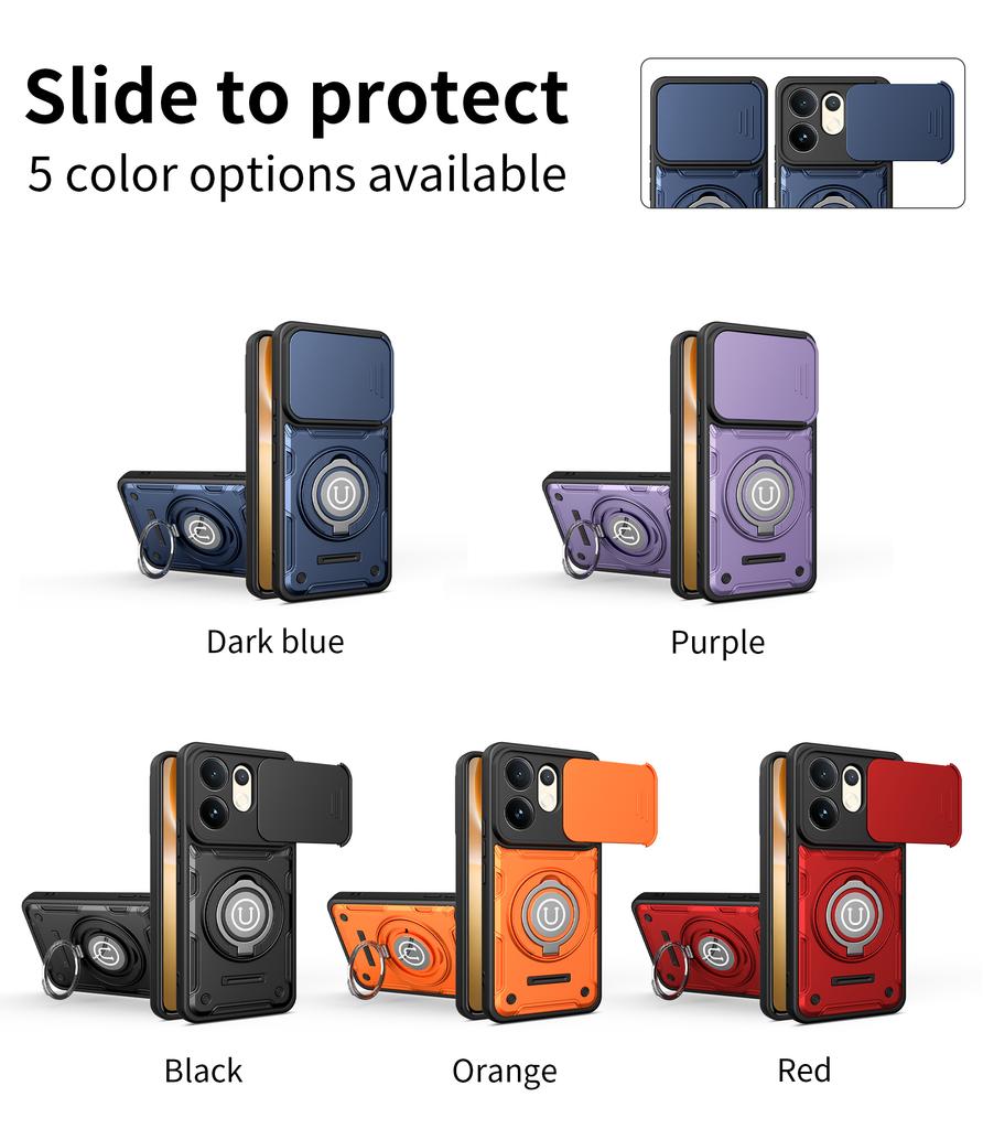 Anti-slip Armor Shockproof Case For VIVO V60 5G V2511 Slide Camera Lens Protection Rotating Ring Stand TPU Plastic Phone Cover