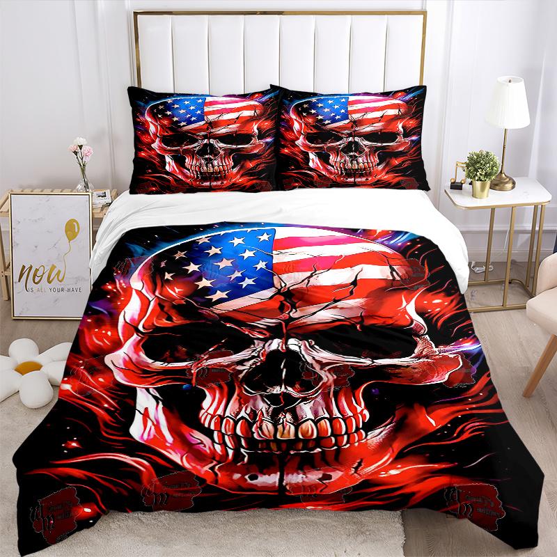 3pcs Skull with Flames Quilt Cover Set - Soft & Comfortable Polyester Fabric, All-Season Breathable Comforter Set For 1 Quilt Cover & 2 Pillowcas