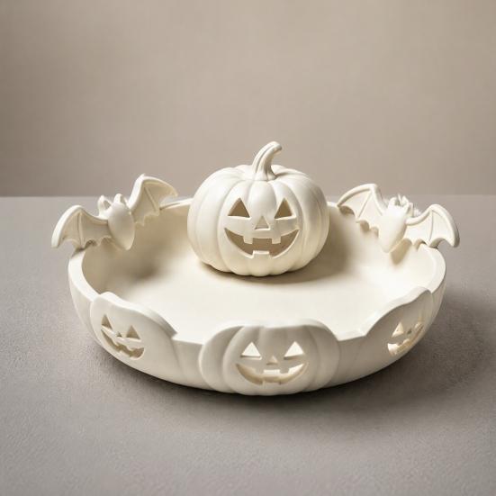 Candy Storage Dish Halloween Pumpkin Tray, Bat Relief Holder, 3D Printed Retro Face Bowl Desktop Bowl, Spooky Tabletop Ornament for Party Decor Window