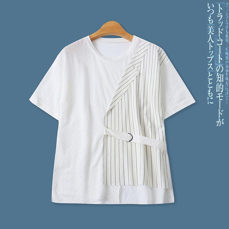 

Contrast Patchwork T-shirt Summer New Arrival Foreign Trade Women s Clothing Irregular Crew Neck Can Be Fitted Waist Striped Short Sleeve Tops 18123 Picture Color