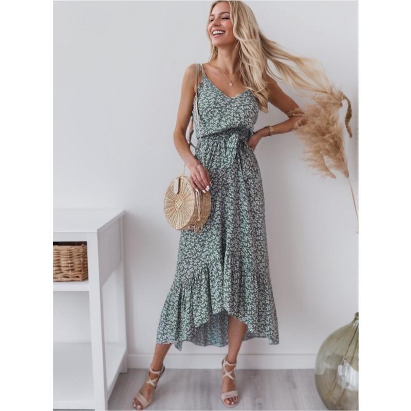 Sexy Halter Dress Small Flower Waist Long Dress for Women