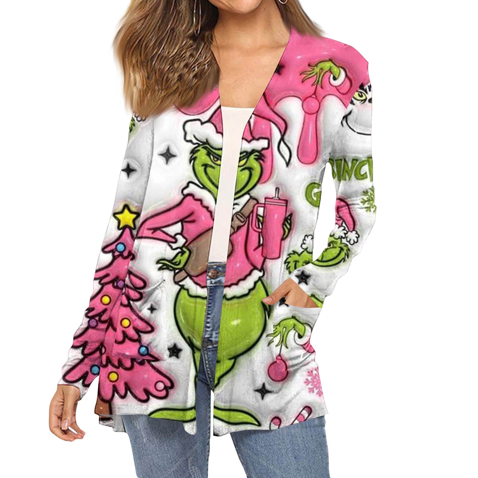 

Женский модный кардиган-пальто с длинным рукавом, карманами, приталенного силуэта и рождественским принтом XL белый