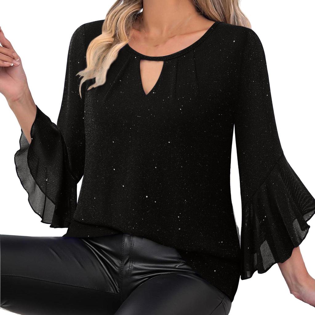 Women's Elegant Ruffled Shiny Stamped Seven-Sleeve Double Layer Mesh Top