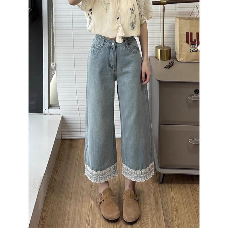 Women's Plus Size Light-Colored Wide-Leg Jeans with Lace Trim, Petite Nine-Point Loose Straight-Leg Pants