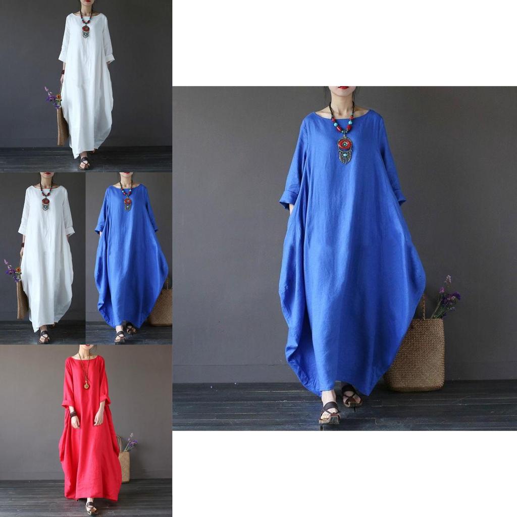 Chic Women Boho Cotton Linen Loose Long Sleeve Maxi Beach Blouse Casual Dress With Timeless Design