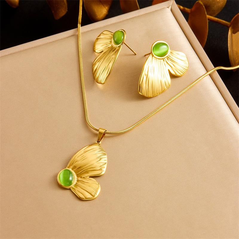Gold Plated Ginkgo Leaf Green Cat s Eye Jewelry Set Necklace and Earrings for Women Stainless Steel зелёный