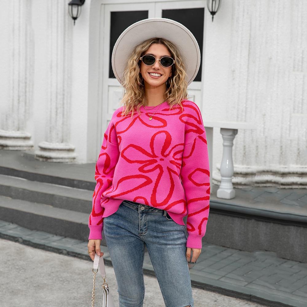 

Новый осенне-зимний модный свитер с круглым вырезом, цветочным колор-блоком, свободный пуловер с принтом, вязаный свитер для женщин XL розы красного