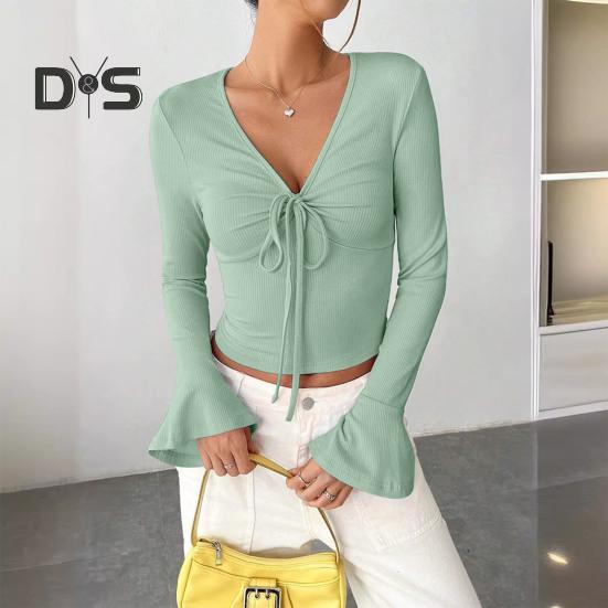 Women Tops V-neck Flared Long Sleeve Lace-up Pullover Tops Slim Fit Solid Color Casual Tops Versatile Daily Wear