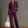 Ensemble de survêtement deux pièces pour femme Sweatshirt à demi-fermeture éclair et col montant Pantalon large à cordon de serrage Rayure contrastante Tenue de sport décontractée