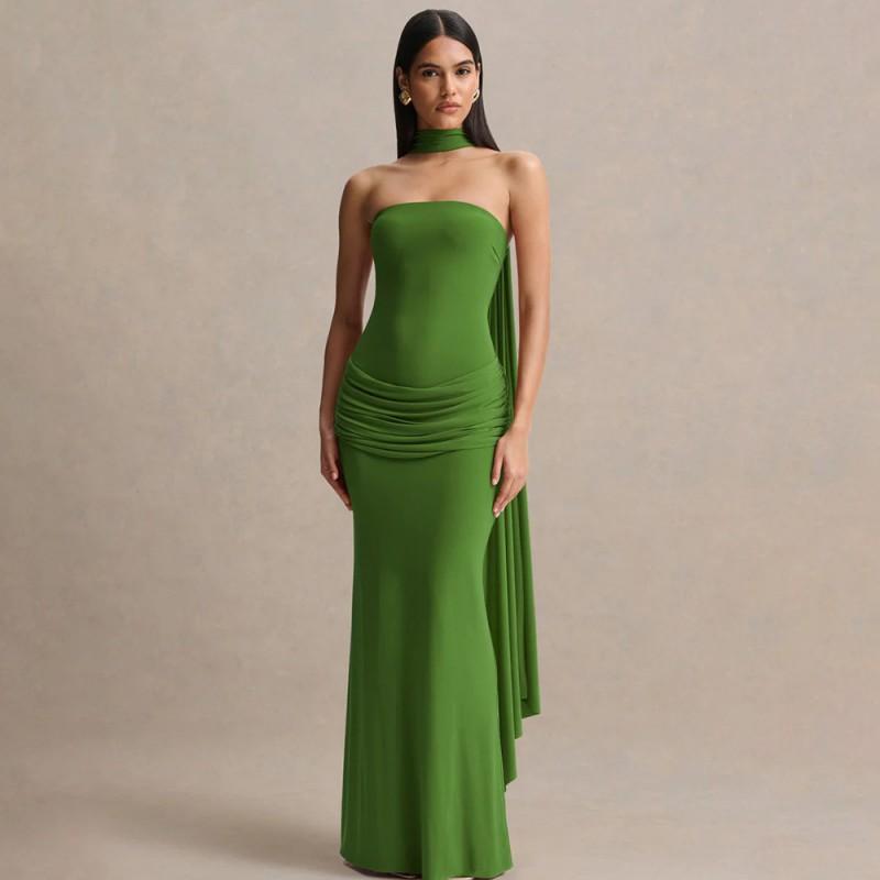 2026 Womens Elegant Solid Color Halter Neck Pleated Bodycon Dress Party Date Wear