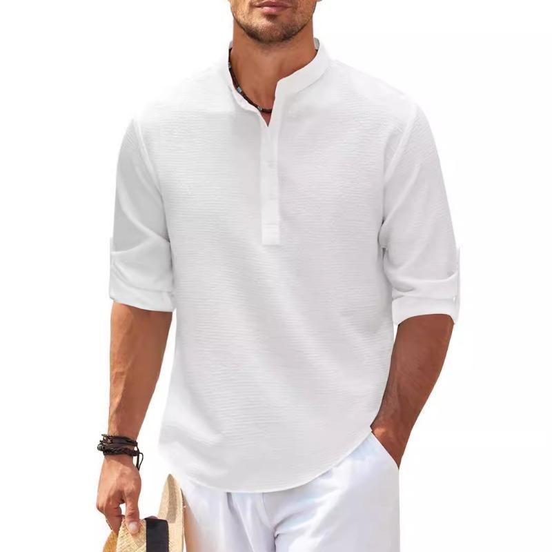 Men Stand Collar Striped Henley Shirt Three Quarter Sleeve Breathable Casual Beach Vacation Tops S