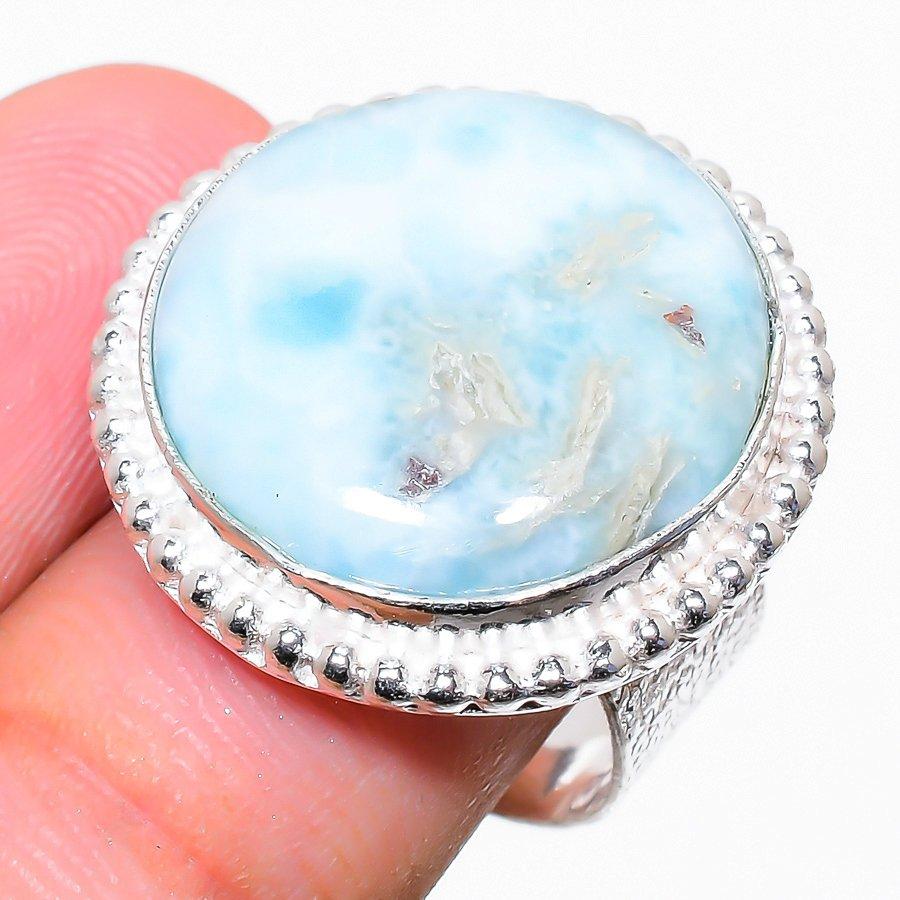 

Этническое ювелирное кольцо ручной работы с драгоценным камнем Republc Larimar, размер 6,5SR-3639