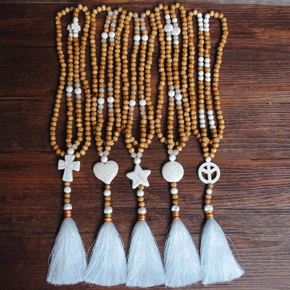 Handmade Wooden Bead Necklace Women's Versatile Long Fringed Sweater Chain Cross Necklace Jewelry