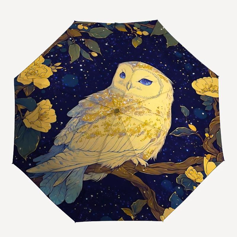 1pc Owl Enchanted Night Pattern Beautiful Looking Automatic Folding Umbrella, 3 Folding, 8 Iron Frame Design, Durable and Suitable for Travel and