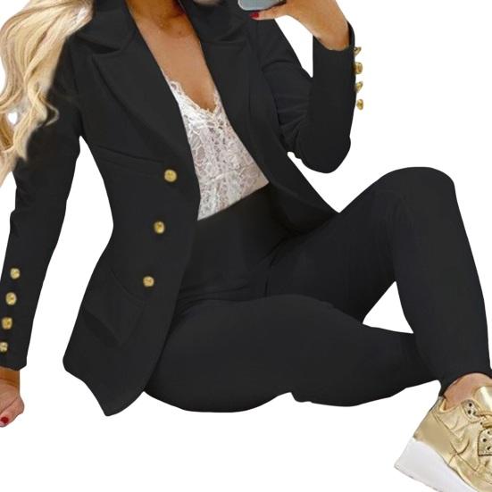 2 Pcs/Set Women Suit Coat Pants Set Lapel Button Decor Mid Length Cardigan