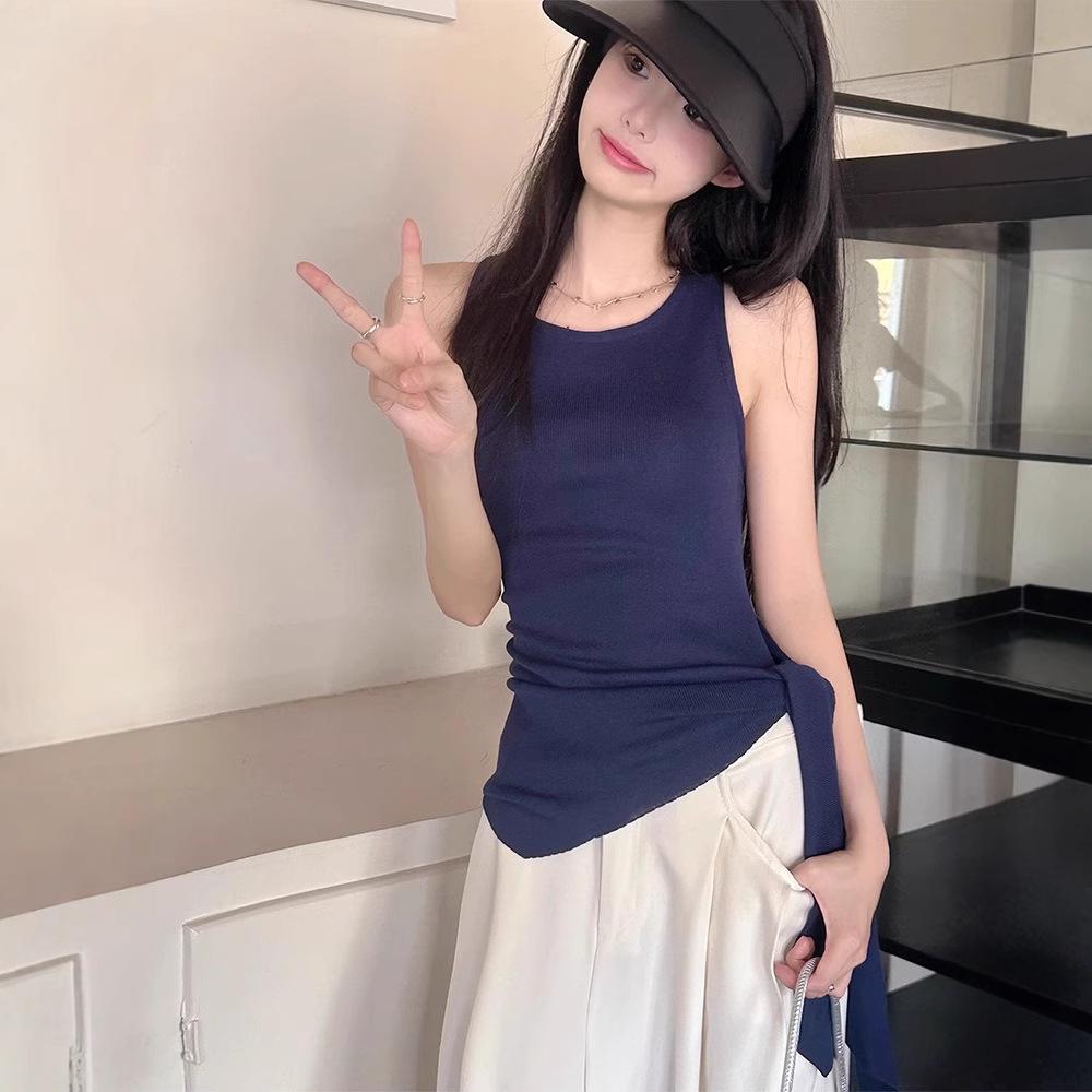 

Дизайнерский облегающий вязаный топ на шнуровке - Женский 2025 Лето Белый Универсальная посадка One Size синий