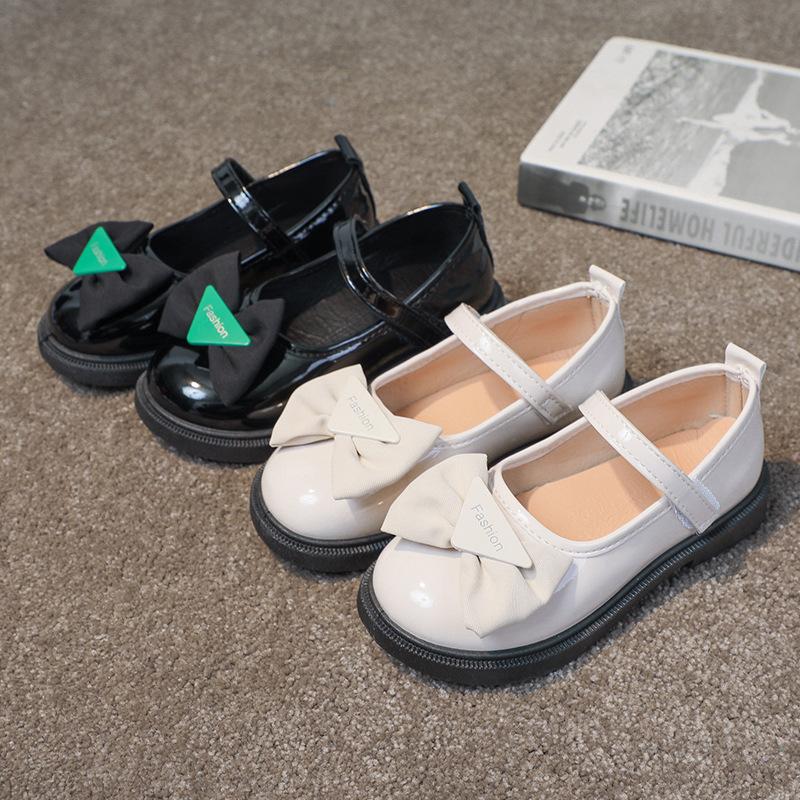 Księżniczka Wszechstronne Płytkie Mokasyny Czarna Kokarda Brytania PU 2024 Wiosna i Jesień Nowe Czarne Dziewczęce Mokasyny na Rzep Okrągły Nosek