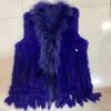 Natural Rabbit Fur Knitted Vest with Tassel Fur Warm Sleeveless Women Fur Gilet with Raccoon Fur Trimming