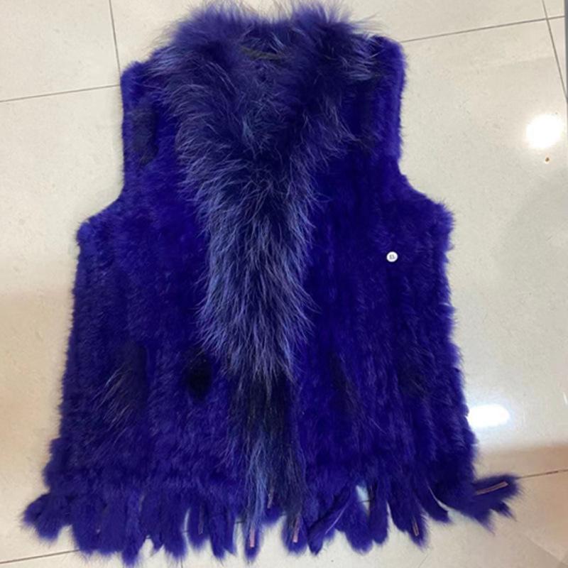 Natural Rabbit Fur Knitted Vest with Tassel Fur Warm Sleeveless Women Fur Gilet with Raccoon Fur Trimming